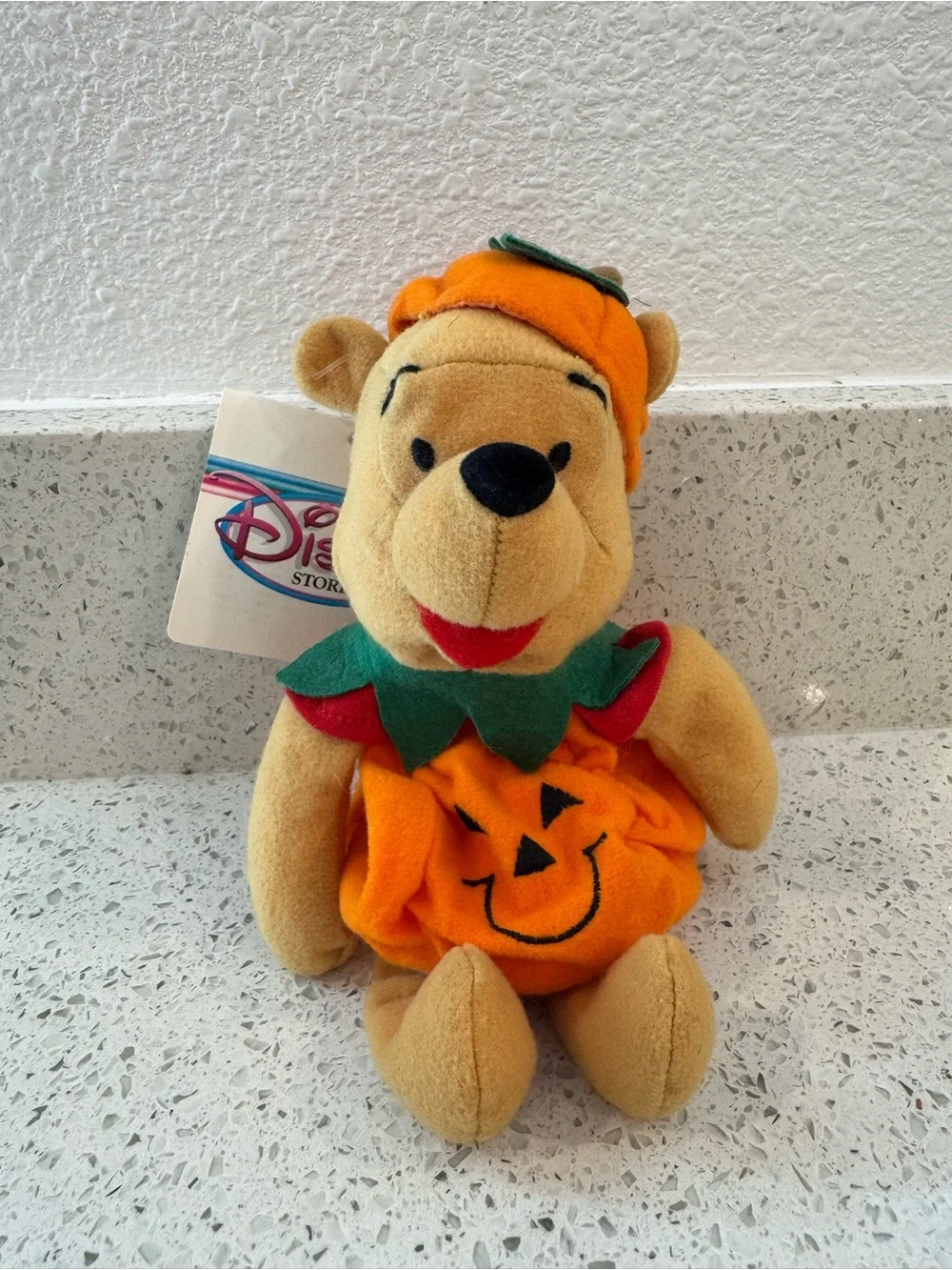 Disney Winnie the Pooh Plush in Orange Pumpkin Outfit with Green Collar